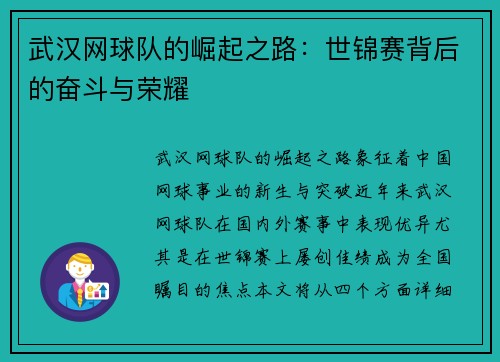武汉网球队的崛起之路：世锦赛背后的奋斗与荣耀