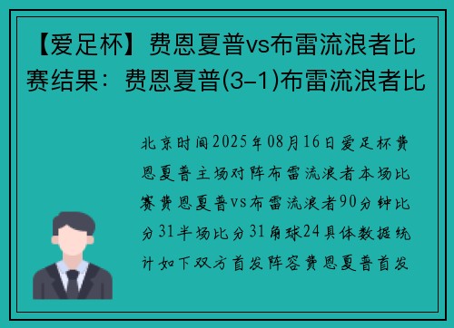 【爱足杯】费恩夏普vs布雷流浪者比赛结果：费恩夏普(3-1)布雷流浪者比分战报